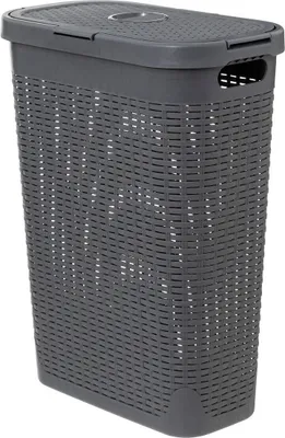 A grey laundry basket with a lid.