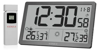 Produktbild von Kienzle Jumbo NEO LCD Wetter Wanduhr grau mit XXL Display und Außensensor