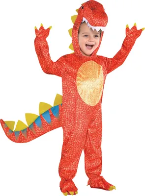 A child wearing a red dinosaur costume.