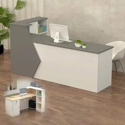 Obrázok produktu pre Pult pre recepciu, predajný pult s úložným priestorom, rozmery 140x60x100 cm, farba: sivá/biela