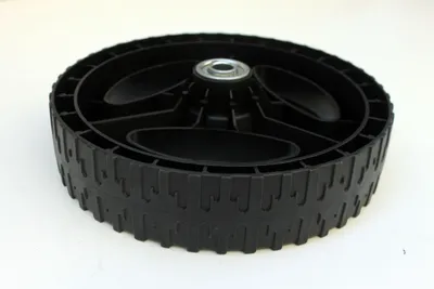 A black wheel with a metal bearing in the center, shown against a white background.