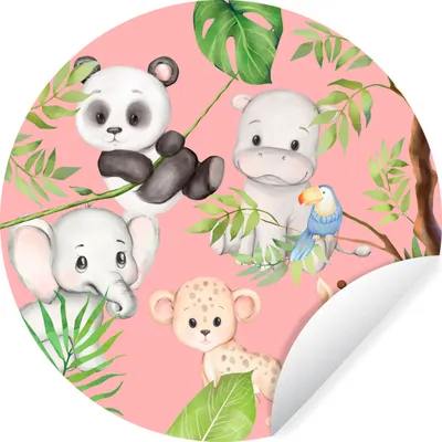 Produktbild von MuchoWow® Runde Wandtattoo - Wandsticker Tapete Aufkleber Dschungel - Rosa - Tiere Ø 50 cm Selbstklebend und Repositionierbar - Wandaufkleber - Kreis - Wand Kreis - Wand Bild - Foto Tapete - Selbstklebende - Wohnzimmerdekoration - Wand Dekoration - Kinderzimmer