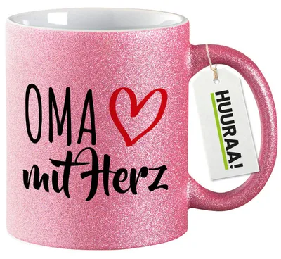 Produktbild von Huuraa Glitzertasse Oma mit Herz 330ml Pink Keramik Kaffeebecher Geschenkidee