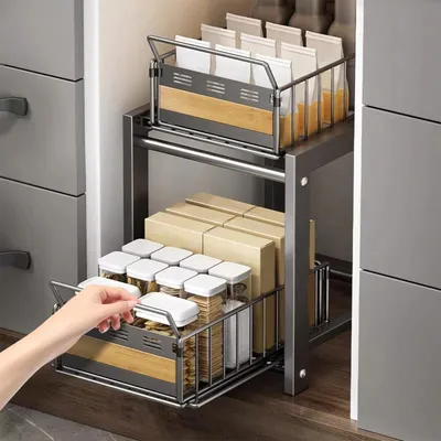 Immagine prodotto di Organizer per mobile sotto lavello - Ripiano estraibile - Acciaio - Cassetto scorrevole - Portaspezie - 1 pezzo - Grigio chiaro