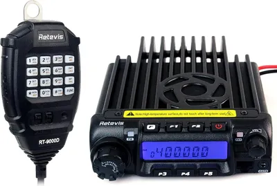 A Retevis RT9000D mobile transceiver and its microphone are displayed against a white background.