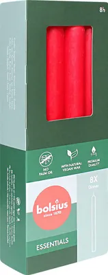 Productafbeelding van Stabkaarsen, zachte rode kleur, BOLSIUS Essentials, 20/230 mm, brandduur ca. 8 uur, 8 stuks per verpakking, torpedo-kaarsen, dinerkaarsen