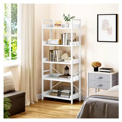 Produktbild von Offenes Bücherregal mit 5 Ebenen, schmal und hoch aus Metall mit 4 Haken, industrielles Lagerregal in Reinweiß