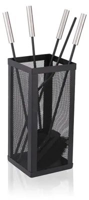 Imagen del producto de Relaxdays, juego de accesorios para chimenea, 5 piezas: gancho para leña, paleta para cenizas, escoba, tenazas y soporte, juego para estufa, color negro/plateado