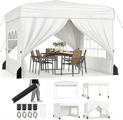 Immagine prodotto di KOMFOTTEU, Gazebo pop-up da 3x3 metri, impermeabile, con 4 pareti laterali e 4 sacchi di sabbia, gazebo da giardino regolabile in altezza (3 posizioni), con borsa per il trasporto, ideale per spiaggia, matrimoni e campeggio, colore bianco