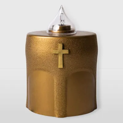Image de Bougie LED décorative Benedicto, finition dorée, durée de vie de 150 jours, avec croix et effet scintillant, dimensions : 11 x 8 x 6 cm