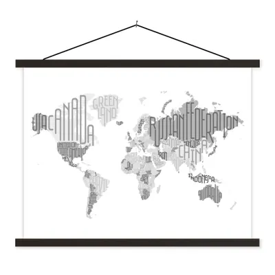 Produktbild von MuchoWow® Textilposter Weltkarte - Buchstaben - Grau 150x113 cm mit schwarzem Rahmen - Wohnzimmer