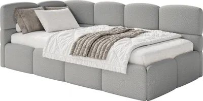 Obrázek produktu pro Selsey Cloudy – dětská postel 120 cm, úložný prostor, bouclé, čelo vlevo, šedá