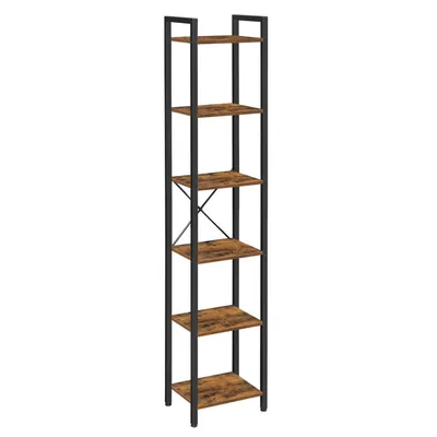 Zdjęcie produktu dla Wąski regał BEGRYF 6 poziomów - 187,5 cm wysokości, drewniana półka z metalową ramą, regał w stylu vintage, wąski regał do salonu