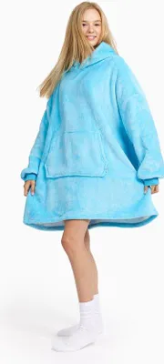 Produktbild von Unyqoos® Hoodie-Decke – Extra groß, hellblau, Fleece-Decke mit Ärmeln und Kapuze, 100% Polyester, 90×200 cm, One Size, waschbar