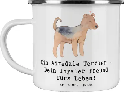 Produktbild von Mr. & Mrs. Panda Pott Airedale Terrier - Weiß - Geschenk, Haferl, Hunde, vierbeiniger Freund, Campingtasse, Jagdhund, Emaille Becher, Hunderassen Beschreibung, Teetasse
