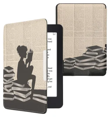 Produktbild von kwmobile Schutzhülle für Amazon Kindle Paperwhite Hülle - eReader Flip Case mit Auto Sleep Funktion - Lesende Frau mit Schwarz Beige