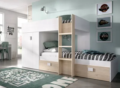Produktbild von Kinderbett Dbajram, komplettes Schlafzimmer mit Kleiderschrank und Schubladen, Etagenbettkomposition mit zwei Einzelbetten, 271 x 111 x 150 cm, Weiß und Eiche