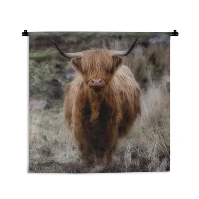 Produktbild von MuchoWow® Wandteppich Wandbehang Schottisches Hochlandrind - Moos - Gras 120x120 cm Tapisserie Dekoration Wandtuch - Modern - Baumwollgewebe