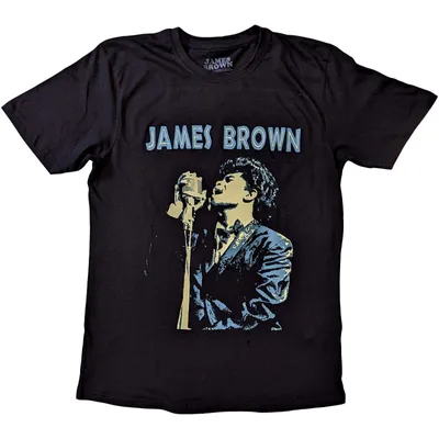 Immagine prodotto di Maglietta a maniche corte, colore nero, con la scritta "James Brown Holding Mic"