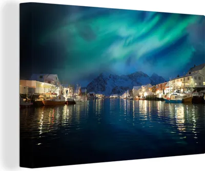 Produktbild von OneMillionCanvasses® - Leinwandbilder - 140x90 cm, Nordlichter - Norwegen - Berg, Wandbilder Kunstdruck Wanddekoration - Foto auf Leinwand - Gemälde auf Holzrahmen