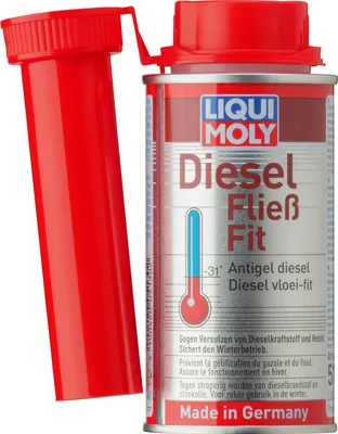 A can of LIQUI MOLY Diesel Fließ Fit additive with a red funnel attachment.