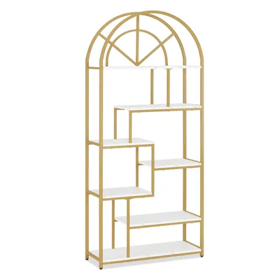 Produktbild von Bücherregal, Standregal mit 7 Ebenen, Büroregal mit Metallrahmen, Regal für Büro, Wohnzimmer, Schlafzimmer, Küche, Marmor-Weiß, 5183