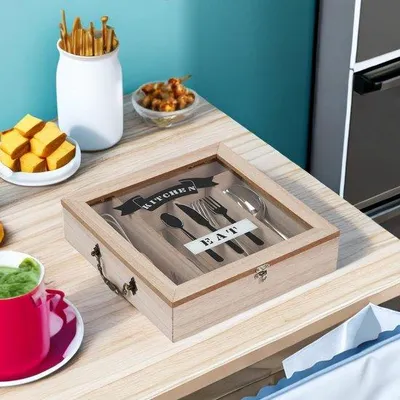 Produktbild von Famanu Besteckbox mit Deckel - 5 Fächer - Aufbewahrungsbox mit Sichtfenster - rustikale Besteckaufbewahrung mit Glasdeckel