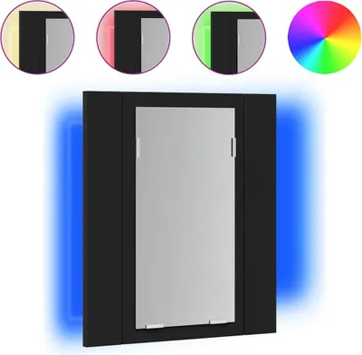 A black LED bathroom cabinet with a mirror, illuminated by blue light. Small circular images above show different color lighting options and a color wheel.