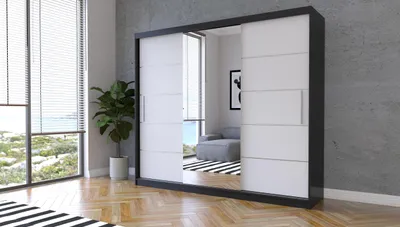 Obrázok produktu pre FurMeb24 3-dverová skriňa s posuvnými dverami ALBA 250 x 218 cm – priestranná, elegantná skriňa so zrkadlom (čierna + biela)