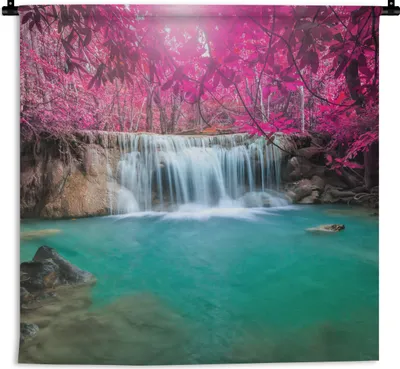 Produktbild von MuchoWow® Wandteppich Wandbehang Wasserfall - Baum - Rosa - Natur 120x120 cm Tapisserie Dekoration Wandtuch - Modern - Baumwollgewebe