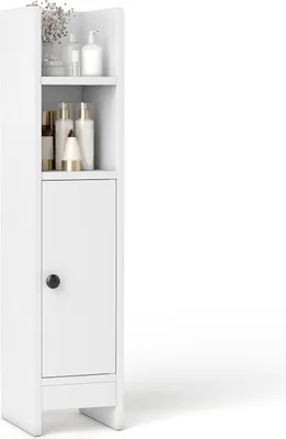 A white bathroom cabinet with shelves and a door, displaying various bottles and containers.