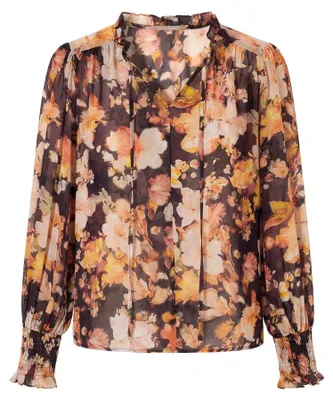 Produktbild von Damen Bluse orange mit Schlüssellochausschnitt und langen Bischofsärmeln Größe L