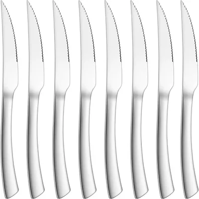 Immagine prodotto di Set di coltelli da bistecca, 8 pezzi, in acciaio inossidabile con lama seghettata, lunghezza 23 cm. Include coltelli per pizza e coltelli da tavola. Lavabili in lavastoviglie