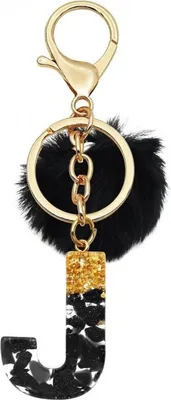 Produktbild von Schlüsselanhänger Buchstabe "j" schwarz-gold mit Pompon, Harz brl342j