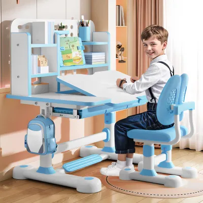Produktbild von Kinderschreibtisch- und Stuhlset, höhenverstellbares Kinderschreibtisch- und Stuhlset mit Bücherregal und Schublade, um 50 Grad neigbarer Schreibtisch mit Stuhl für Schlafzimmer/Arbeitszimmer