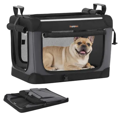 Produktbild von Feandrea Hundebox faltbar, 60 cm Transportbox für kleine Hunde, Hundetasche, Oxford-Gewebe, mit 4 Türen aus Netzstoff, Griffen, Taschen für Futter und Wasserflasche, tintenschwarz PDC016B01 – Größe L