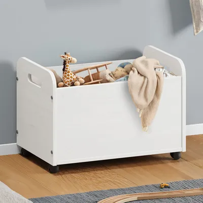 Produktbild von Spielzeugkiste BENJAMIN aus Kiefer Massivholz weiß - Kinderzimmer Aufbewahrung, Spielzeugbox, Holzkiste mit Rollen, Aufbewahrungstruhe