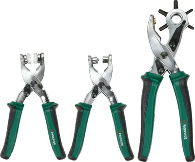 Three different sizes of hole and eyelet pliers are displayed against a white background.