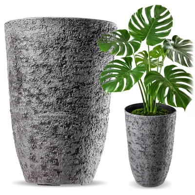 Image de Bac à fleurs KADAX Ø 35 x H 50 cm, grand pot de fleurs à l'aspect pierre réaliste, pot de fleurs en plastique, bac à fleurs résistant aux intempéries pour le jardin, le balcon ou la terrasse (gris)