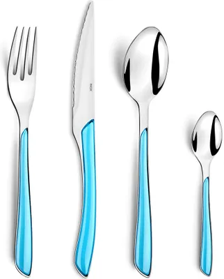 A set of four cutlery pieces with silver metal and blue handles, arranged in a line against a white background.