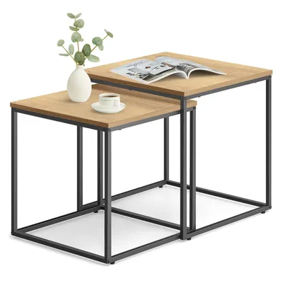 Produktbild von Couchtisch 2er Set Quadratisch Beistelltisch Loft Design 2 in 1 Verschachtelung kratzfeste Oberfläche, Wohnzimmer | 50cm und 45cm Breit Sonoma-Eiche mit schwarzen Beinen