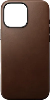 A close-up view of a brown leather phone case.
