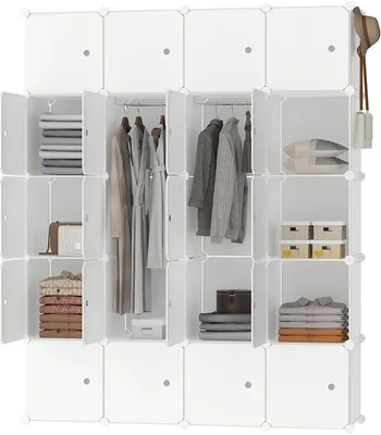 Imagen del producto de Armario de almacenamiento con puerta, estantería, armario para ropa, zapatero de plástico, blanco (20 cajas con ganchos)