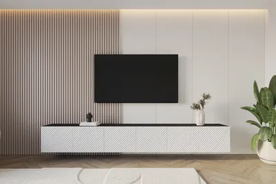 Produktbild von ALTDECOR TV-Schrank ZENO-W mit Gefrästen Fronten 3x100x40x40 Lowboard hängend, TV Möbel, TV Cabinet, Fernsehtisch, Fernsehschrank, TV Kommode, TV Tisch, TV Sideboard, TV Board - Schwarz / Weiß