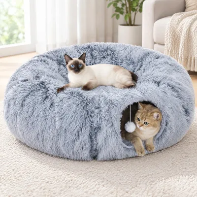 Produktbild von Katzentunnel Bett 3-in-1 faltbar, Katzenhöhle Plüsch, Spieltunnel S-Form C-Form, Hellgrau | 90 x 80 x 27 cm | 170 cm S-Form | für Katzen & Kaninchen
