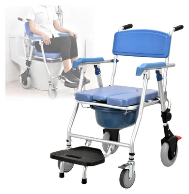Produktbild von Faltbarer Duschstuhl mit Rollen für Senioren, Toilettenstuhl mit Urineimer, fahrbarer Dusch-Toilettenstuhl mit Armlehnen und Rückenlehne, Tragfähigkeit 150 kg