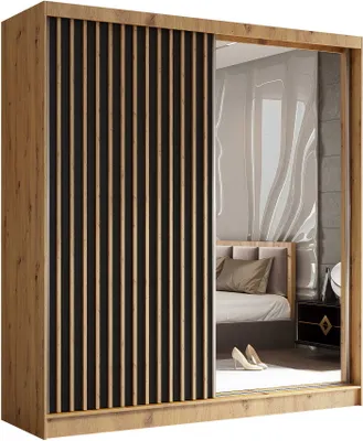 Produktbild von AGMAT Schwebetürenschrank Nevada, Kleiderschrank mit Spiegel und 2 Türen, Moderne Garderobe in Farbe: Artisan, Schrank in Größe: 200 x 216 x 61 cm