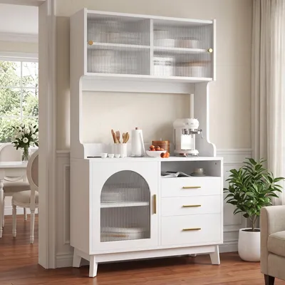 Produktbild von Flieks Esszimmer-Hochschrank mit mehrstufigem Stauraum, Buffetschränke mit integrierter Steckdose, Highboard 100.5x40x178cm, Weiß