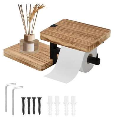 Image de Porte-rouleau de papier toilette en bois avec étagère pour la salle de bain