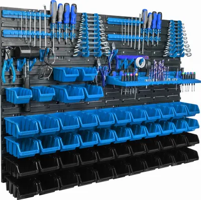 Immagine prodotto di Pannello porta attrezzi da appendere 115x78cm con 50 pezzi. Scatole blu montate a parete con set di supporti in plastica